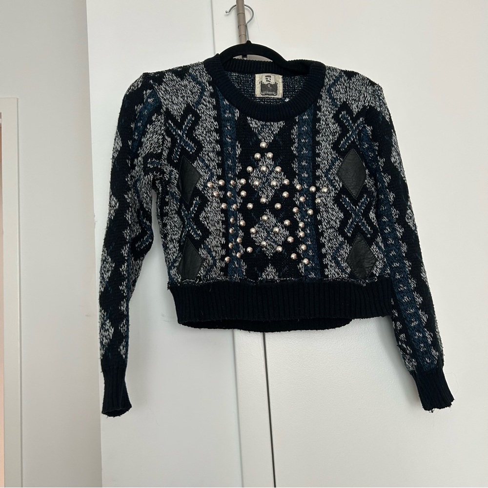 Black, Gray & Blue Embellished Knit Sweater with Cutout Back